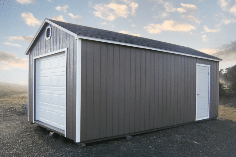 Garage with white door dark gray sides