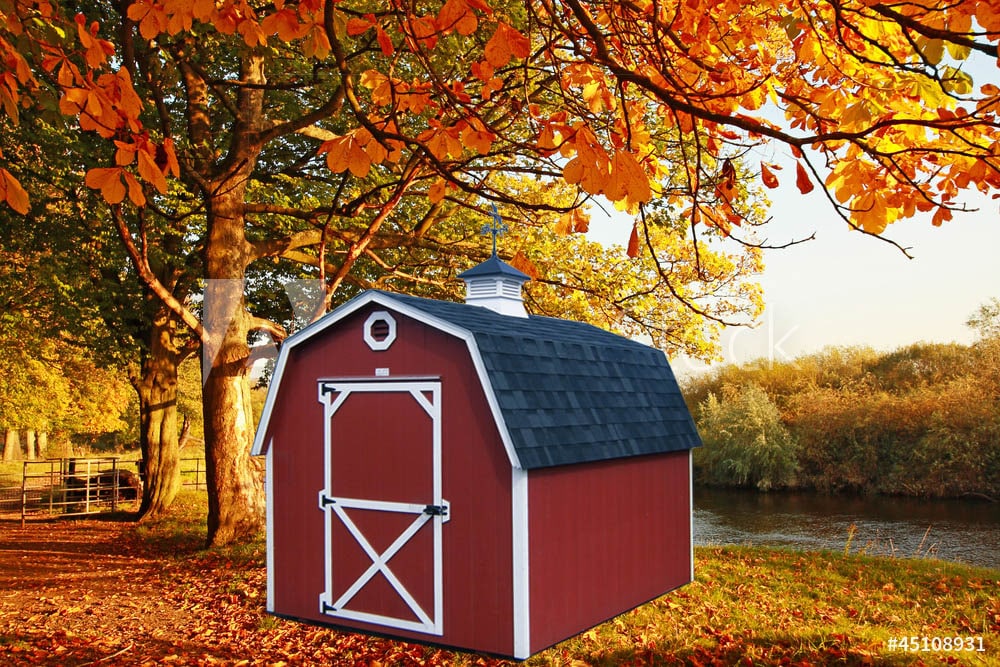 red shed in fall foliage