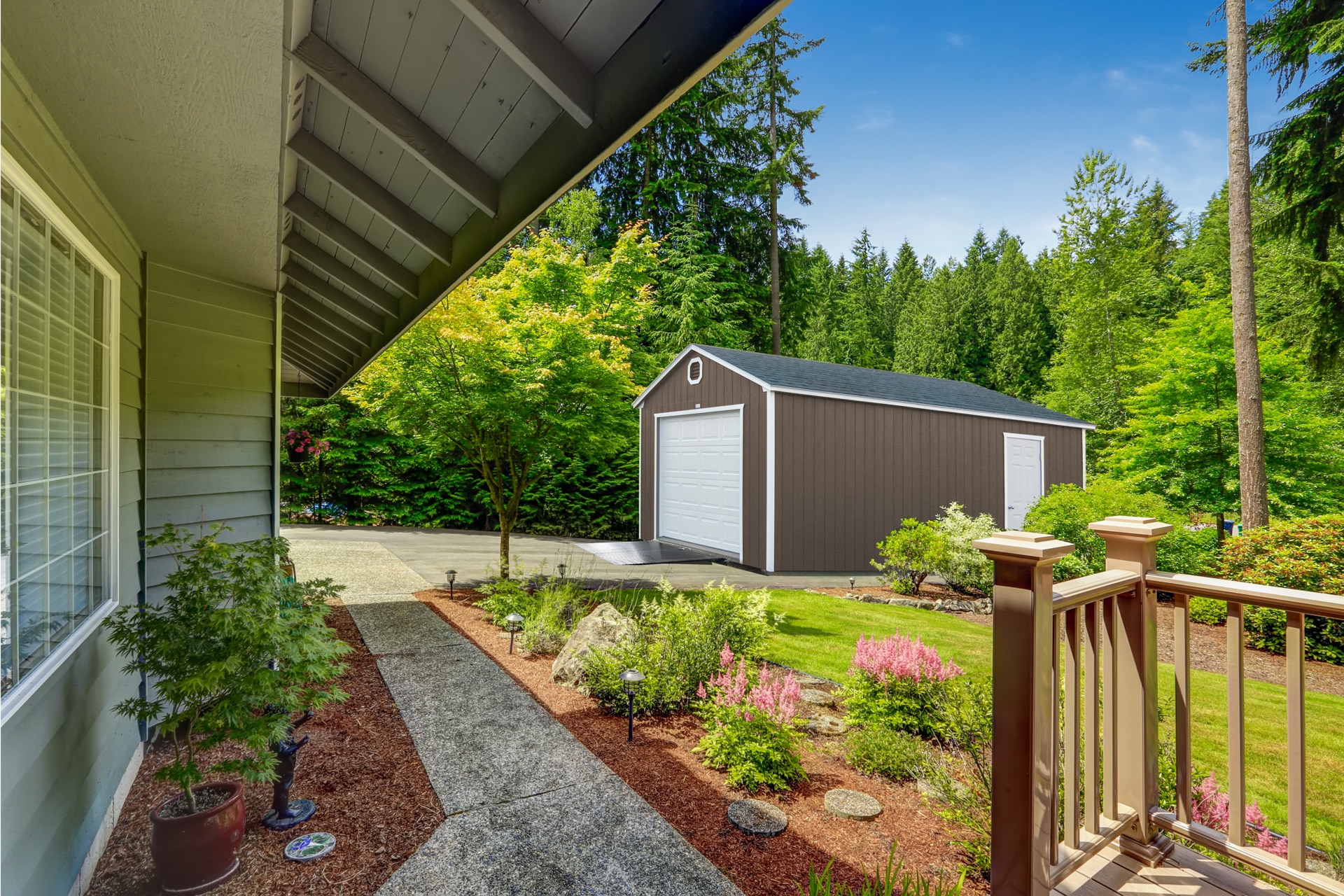 Beautiful landscape design with walkway House exterior