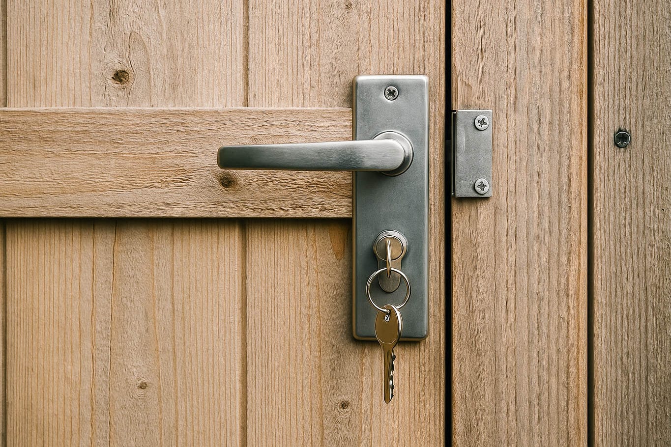 medium brown wooden door with steel handle and lock with key dangling from lock 