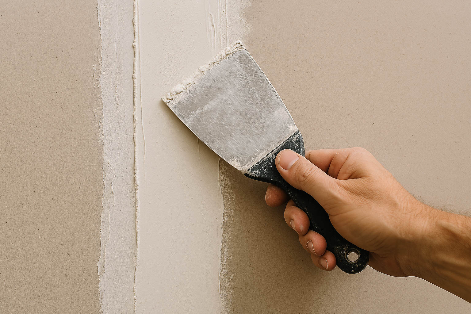 Male hand applying drywall to wall using a spatula.