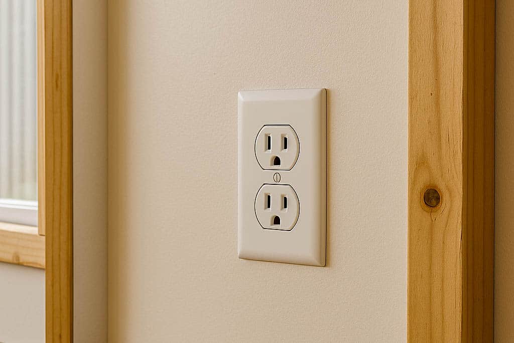 Electrical outlet on an off-white shed wall