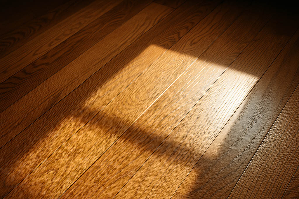 Rich-colored hardwood floor reflecting the sunlight filtering through a window