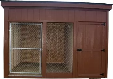 brown lean to with enclosed storage dog kennels
